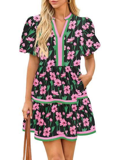 2026 Women's V Neck Floral Dress Short Puff Sleeve Boho Dresses