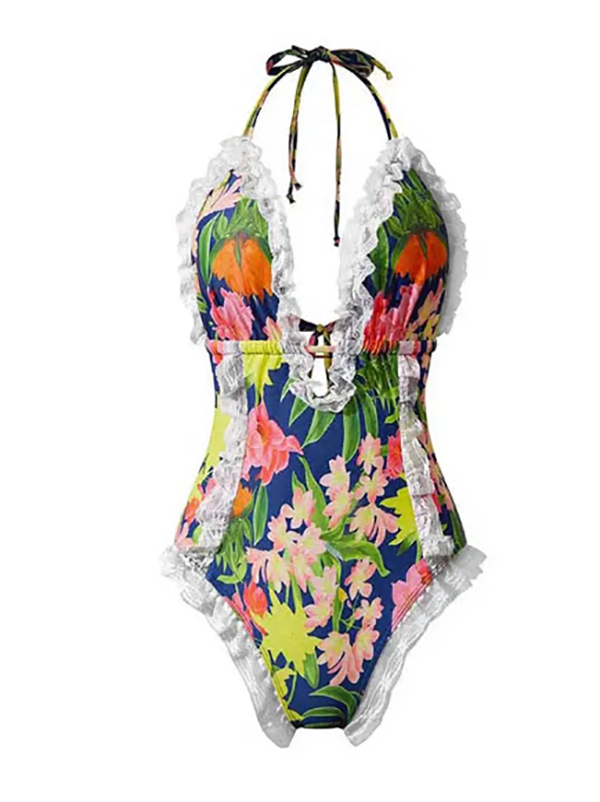 Women's One Piece Halter V-neck Printing Lace Adjustable Back Straps Sexy Swimsuit