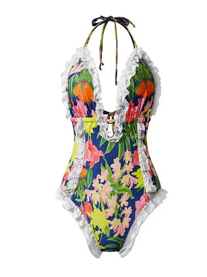 Women's One Piece Halter V-neck Printing Lace Adjustable Back Straps Sexy Swimsuit