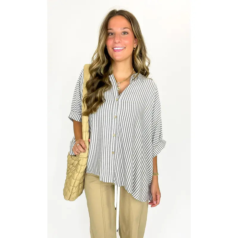 Casual Striped V Neck Loose Blouse