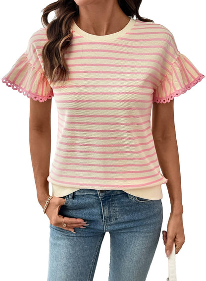 HOT SALE Women's Knit Striped Color Block Ruffled Short Sleeve Top（buy 2 free shipping）