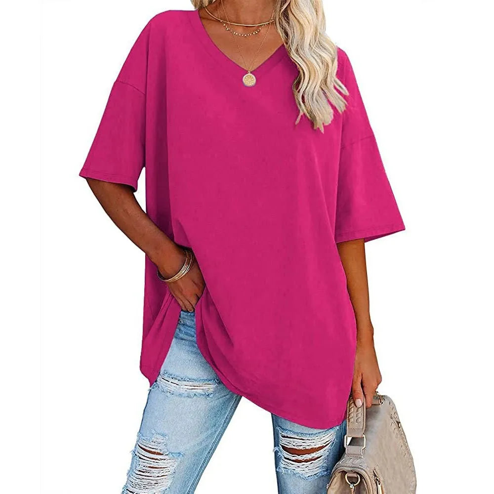 WOMENS LOOSE FASHION V-NECK TOP SHORT & LONG OPTION