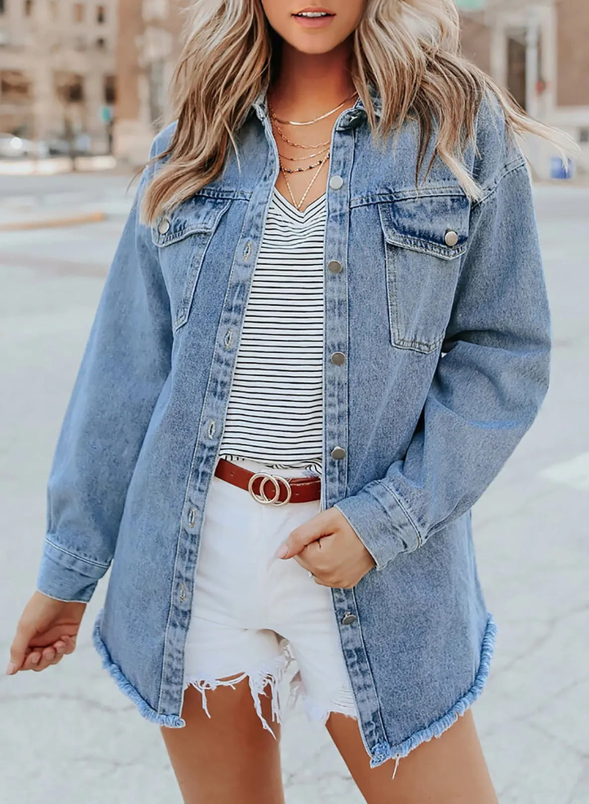 Women's Button Down Raw Edge Denim Jacket (Buy 2 Free Shipping)