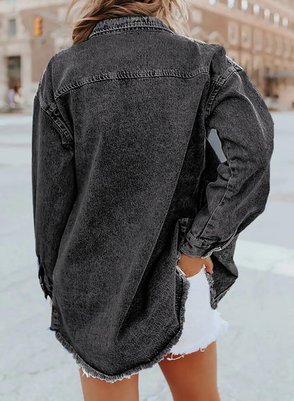 Women's Button Down Raw Edge Denim Jacket (Buy 2 Free Shipping)