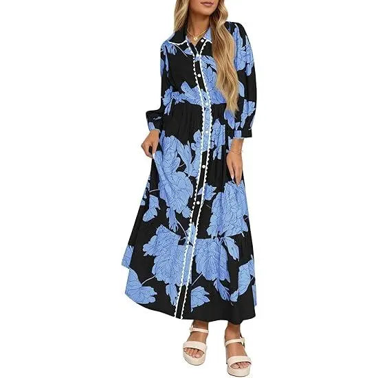 Women’s Maxi Shirt Dress Casual Floral Collared 3/4 Long Sleeve Drawstring Waist Fall Button Down Dresses