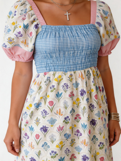 Women's Mixed Print Smocked Tiered Midi Dress