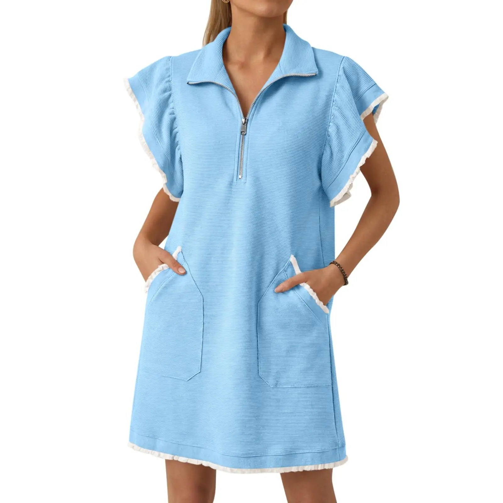 Womens Ruffle Sleeve Sweatshirt Dress Summer Oversized Zipper V Neck Mini Dresses