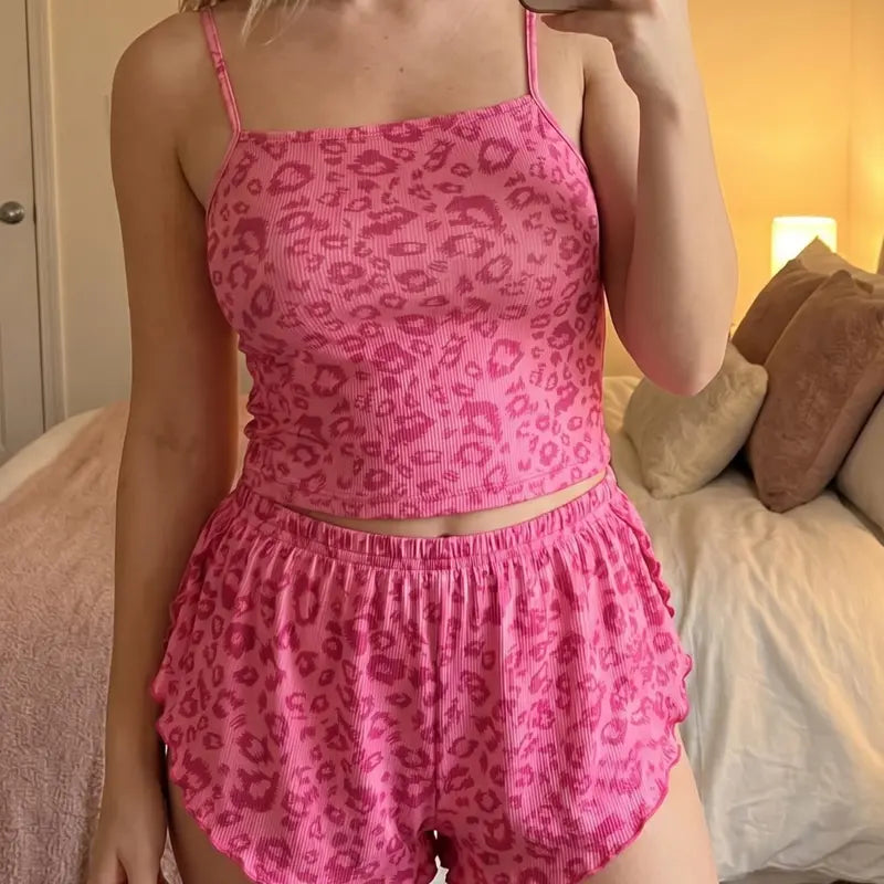 Women Cami Ribbed Pajama Set Sexy Side Slit Sleepwear Soft Lingerie 2 Piece PJ Set Cute Elastic