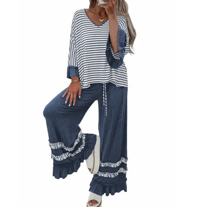 Women's color-blocked three-quarter sleeve striped V-neck ruffle two-piece pantsuit