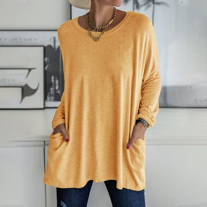 HOT SALE-Round Neck Long Sleeve Loose Pocket Solid T-Shirt