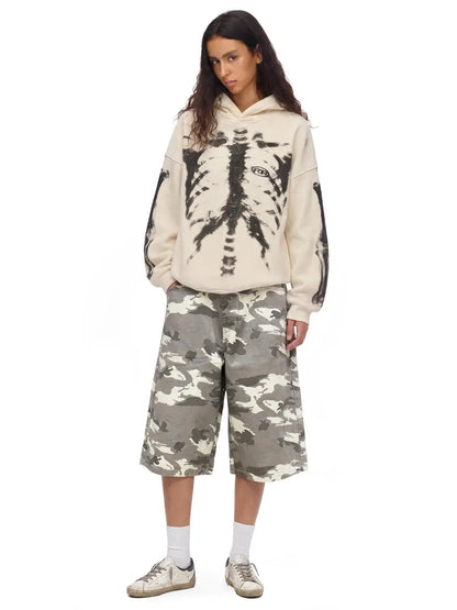 Skull Print Waffle Long Sleeve Top, Y2K Vintage Loose Streetwear Pullover