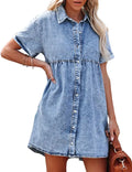 Women's Short Sleeve Button Down Flowy Tiered Babydoll Denim Dress（Buy 2 Free Shipping）