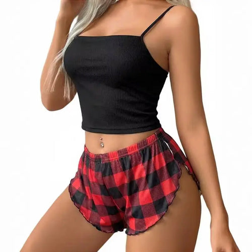 Women Cami Ribbed Pajama Set Sexy Side Slit Sleepwear Soft Lingerie 2 Piece PJ Set Cute Elastic