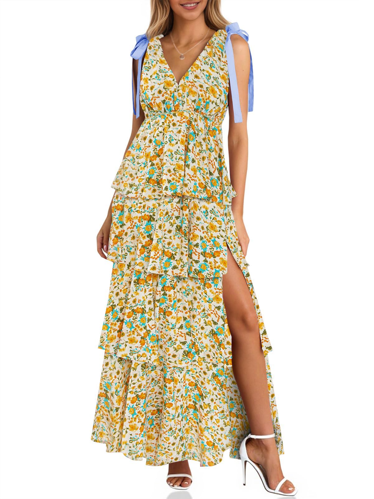 🔥Hot Sale--Women's Boho Floral Tie Strap V Neck Ruffle Tiered Maxi Dress
