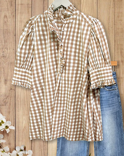 ✨Grid Smart Ruffles Trim Puff Sleeve Blouse(BUY 2 FREE SHIPPING)