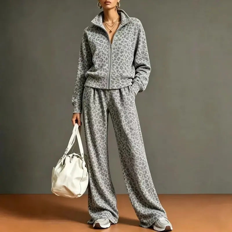Leopard Print Zip Up Sweatshirt & Wide Leg Pants 2 Piece Tracksuit Set
