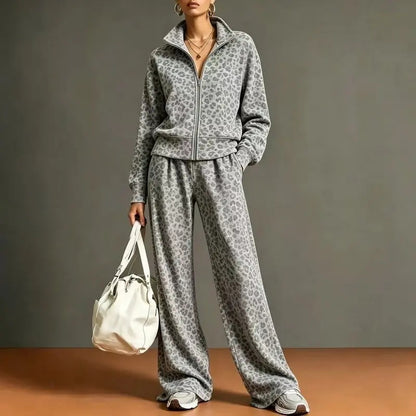 Leopard Print Zip Up Sweatshirt & Wide Leg Pants 2 Piece Tracksuit Set