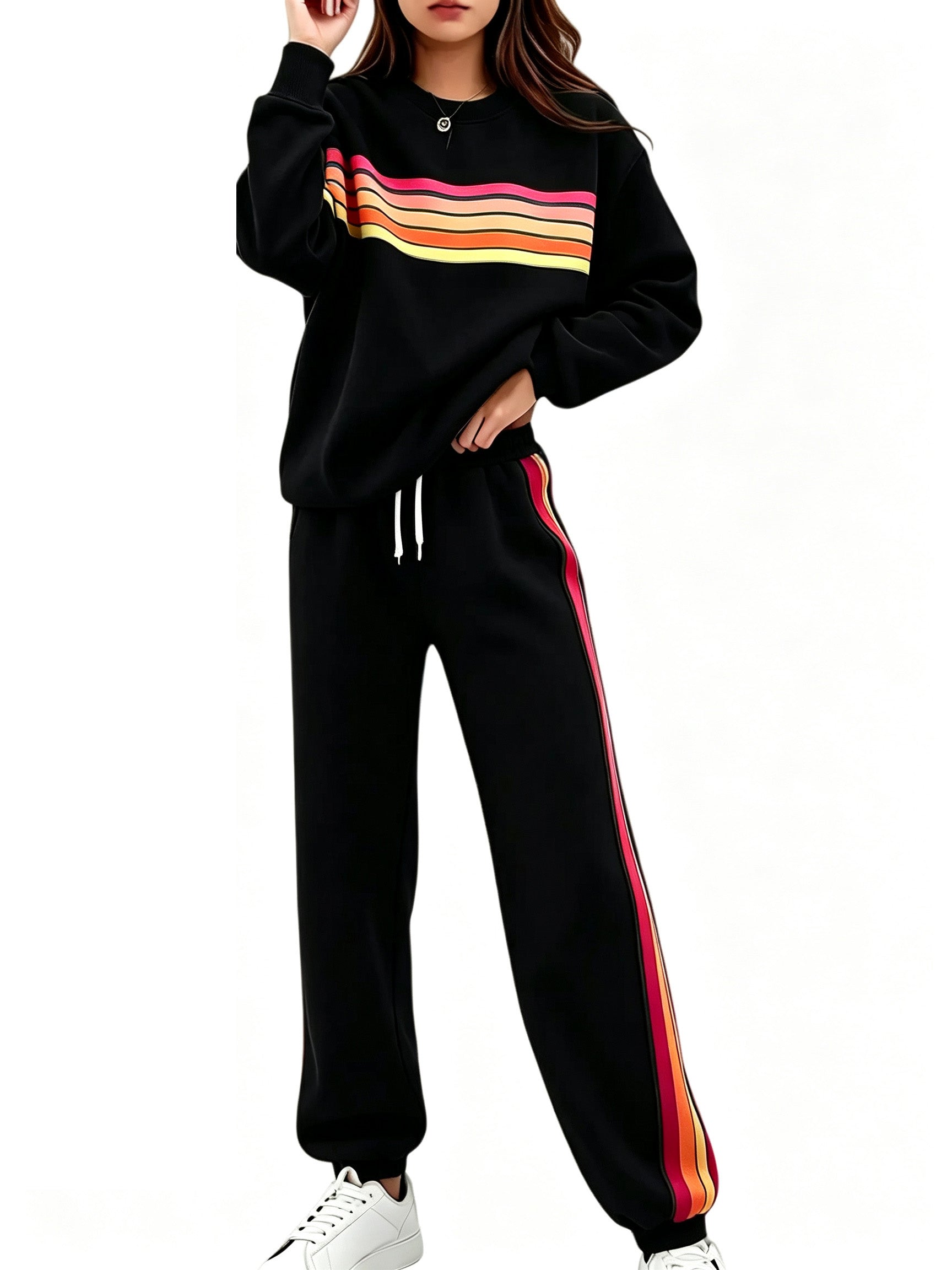 Women Retro Rainbow Stripe 2 Piece Sweat Loungewear Set