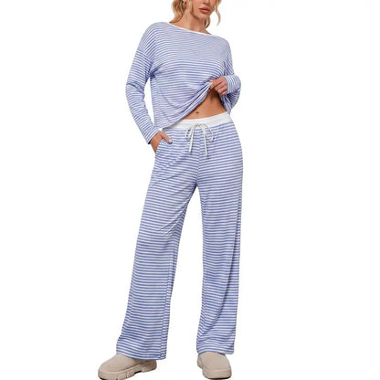 Women's Striped 2 Piece Lounge Set, Crew Neck Long Sleeve Top & Drawstring Wide Leg Pants