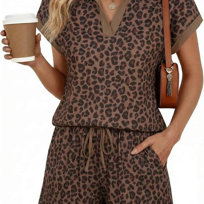 Women's Short Sleeve V-Neck Collared Top and Drawstring Shorts Set(Buy 2 Free Shipping)