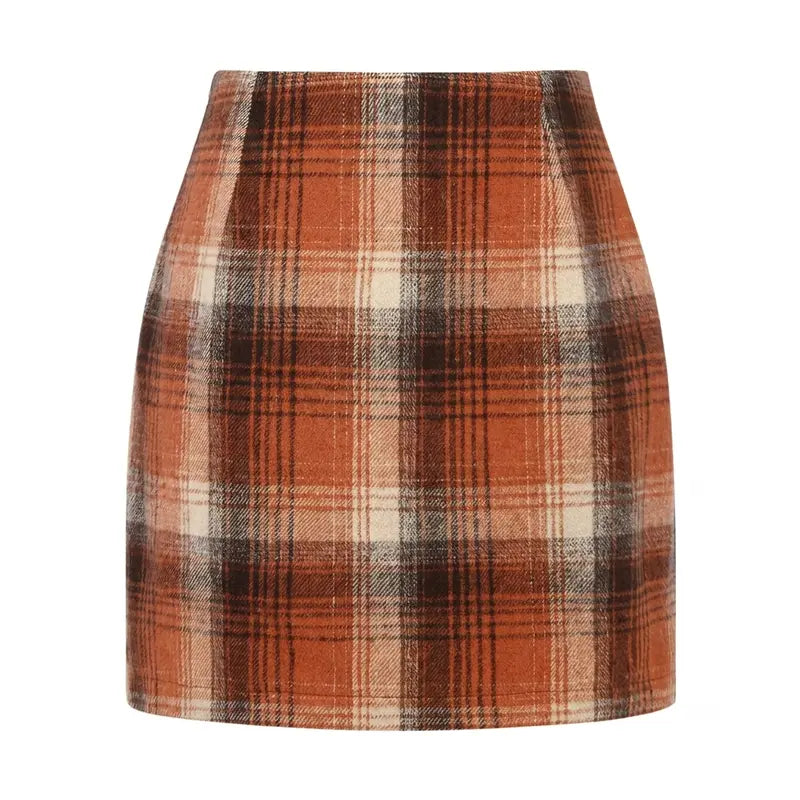 Women's High-Waist Plaid Fitted Mini Skirt, Woolen Bodycon Skirt