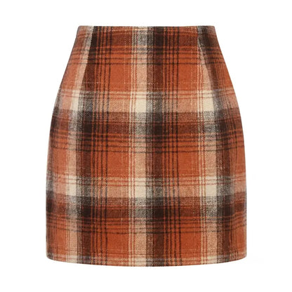 Women's High-Waist Plaid Fitted Mini Skirt, Woolen Bodycon Skirt