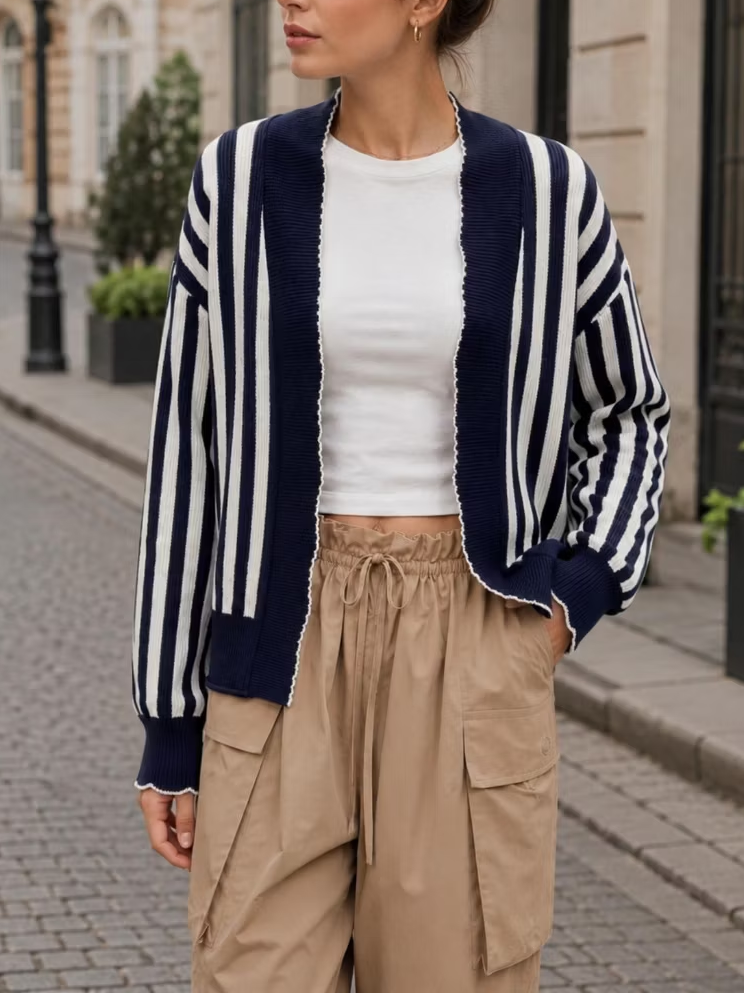 Women Striped Scalloped Trim Open Front Knit Cardigan