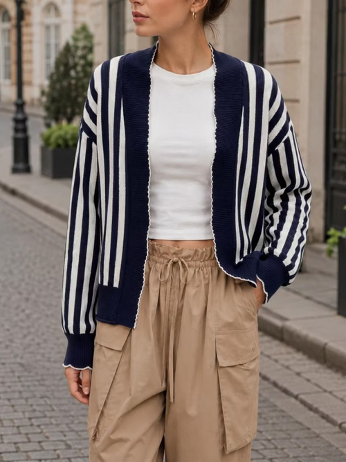 Women Striped Scalloped Trim Open Front Knit Cardigan