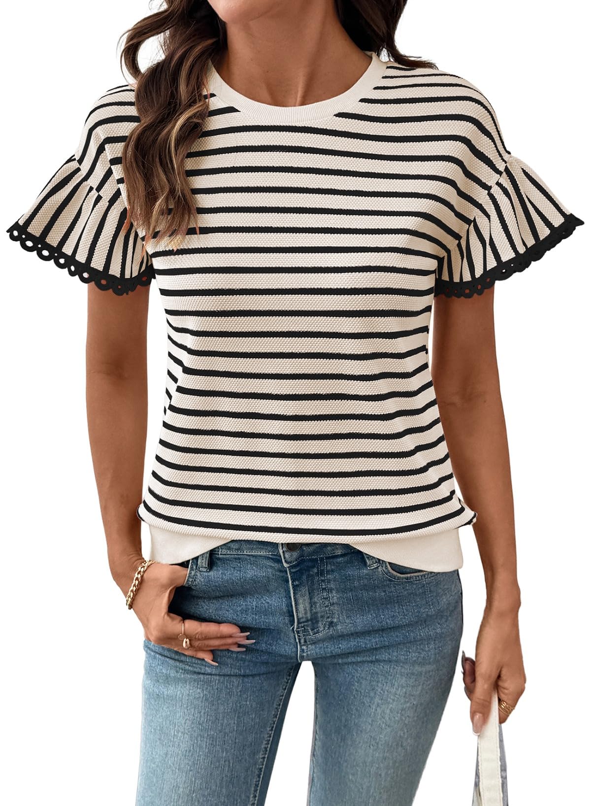 HOT SALE Women's Knit Striped Color Block Ruffled Short Sleeve Top（buy 2 free shipping）