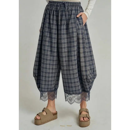 Women's Elastic Waist Drawstring Loose Casual Plaid Lace Trim Harem Pants