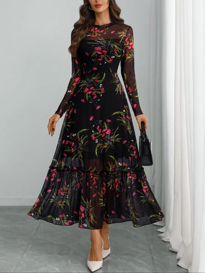 Floral Mesh Long Sleeve Midi Dress