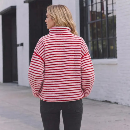 Women's Striped Fleece Pullover, Zip Stand Collar Fuzzy Sweatshirt