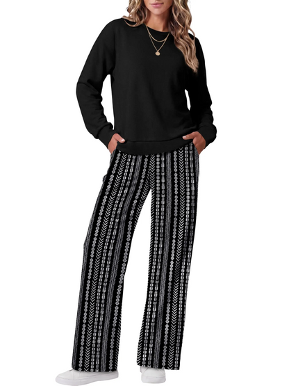 Women Two Piece Outfit Crew Neck Top And Wide Leg Pants Set