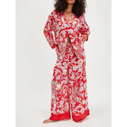 Women’s Loungewear Sleepwear Set Printed Long Sleeve Lapel Button Top & Long Pants（buy 2 free shipping）