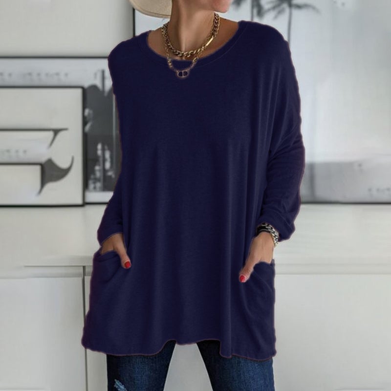 HOT SALE-Round Neck Long Sleeve Loose Pocket Solid T-Shirt