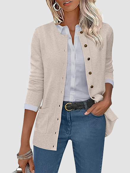 Women Round Neck Long Sleeve Button Front Knit Cardigan with Pockets
