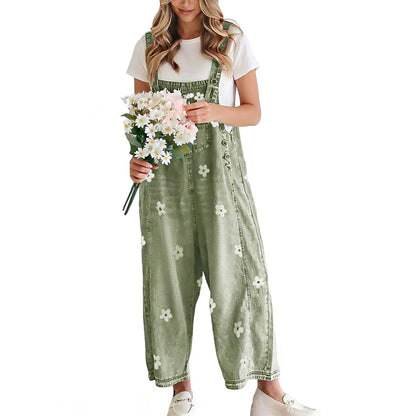 Women Floral Printed Adjustable Strap Denim Bib Overall Wide Leg Jeans Casual Baggy Overalls Jumpsuit
