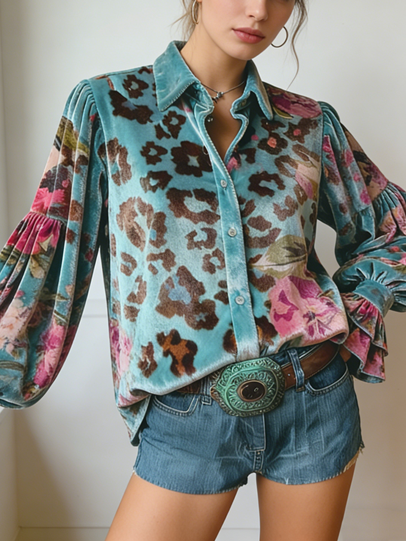 Leopard Floral Print Button Up Velvet Top