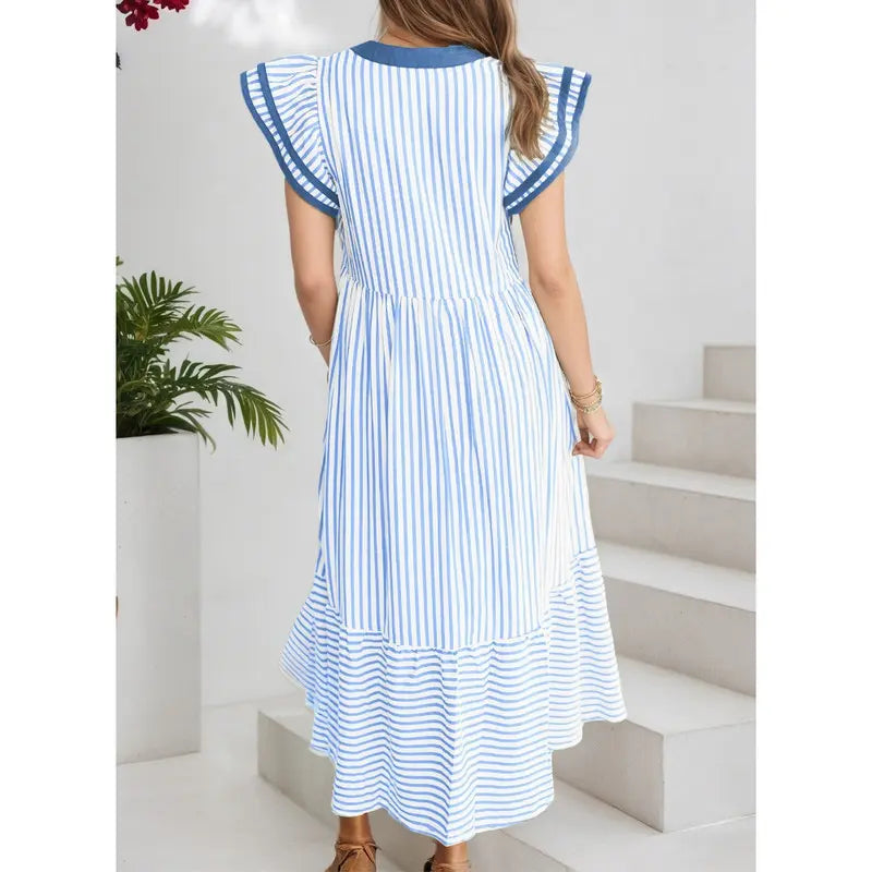 Womens Dresses 2026 Summer V-Neck Ruffle Cap Sleeve Empire Waist Flowy Striped Beach Midi Maxi Dress(buy 2 free shipping)