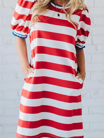 Women's Stripe Puff Sleeve Casual Dress
