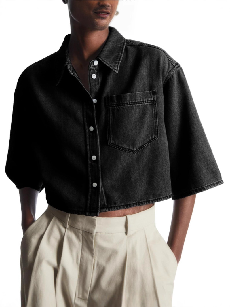 Women's Cropped Oversized Short Sleeve Denim Shirt