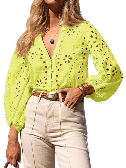 Womens Summer Deep V Neck Eyelet Blouses Casual 3/4 Balloon Sleeve Button Down Shirts