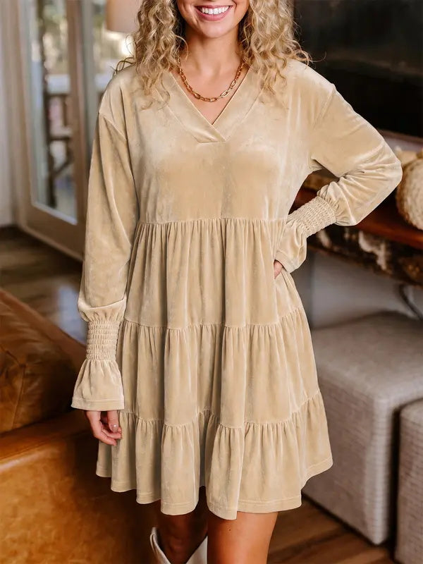Women's V-neck elegant velvet loose babydoll dress