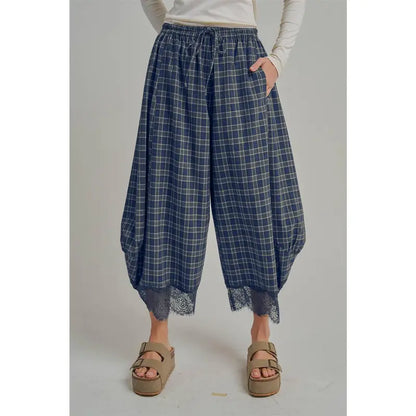 Women's Elastic Waist Drawstring Loose Casual Plaid Lace Trim Harem Pants