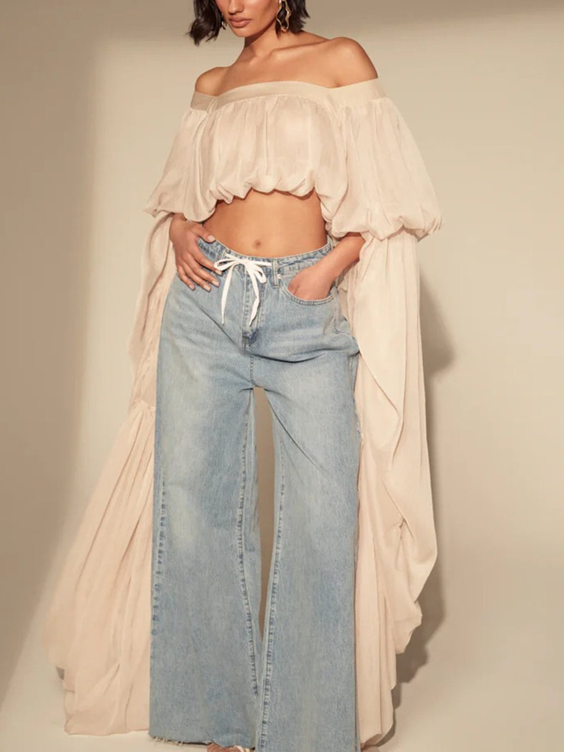 SLOUCHY SQUARE NECK LONG SLEEVE BLOUSE TOP
