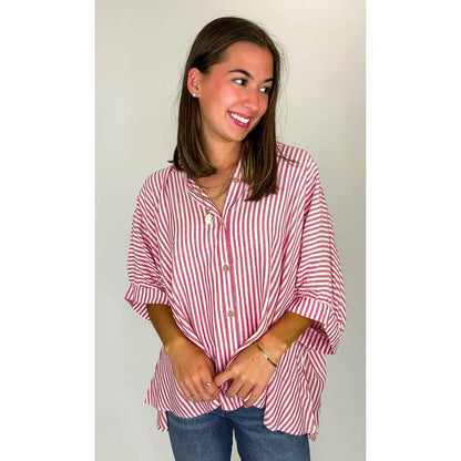 Casual Striped V Neck Loose Blouse