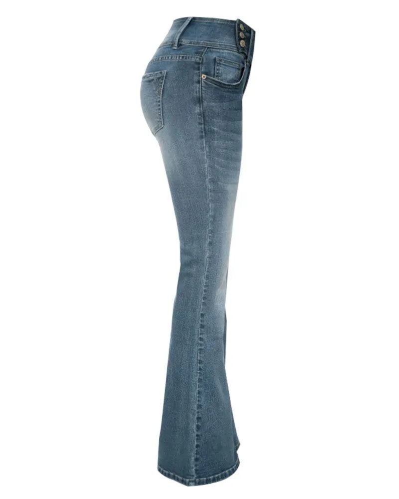 VINTAGE BUTTON SIDE DESIGN MID WAIST STRETCH FLARE JEANS(Buy 2 Free Shipping)