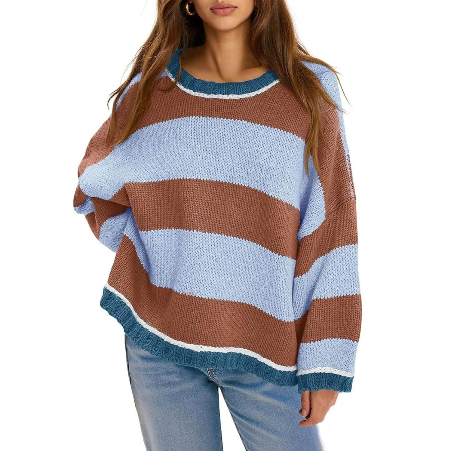 Oversized Round Neck Color Block Stripe Knit Sweater