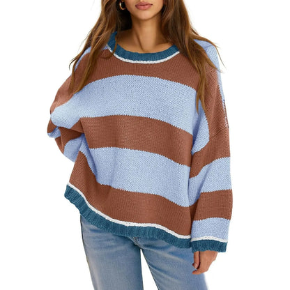 Oversized Round Neck Color Block Stripe Knit Sweater