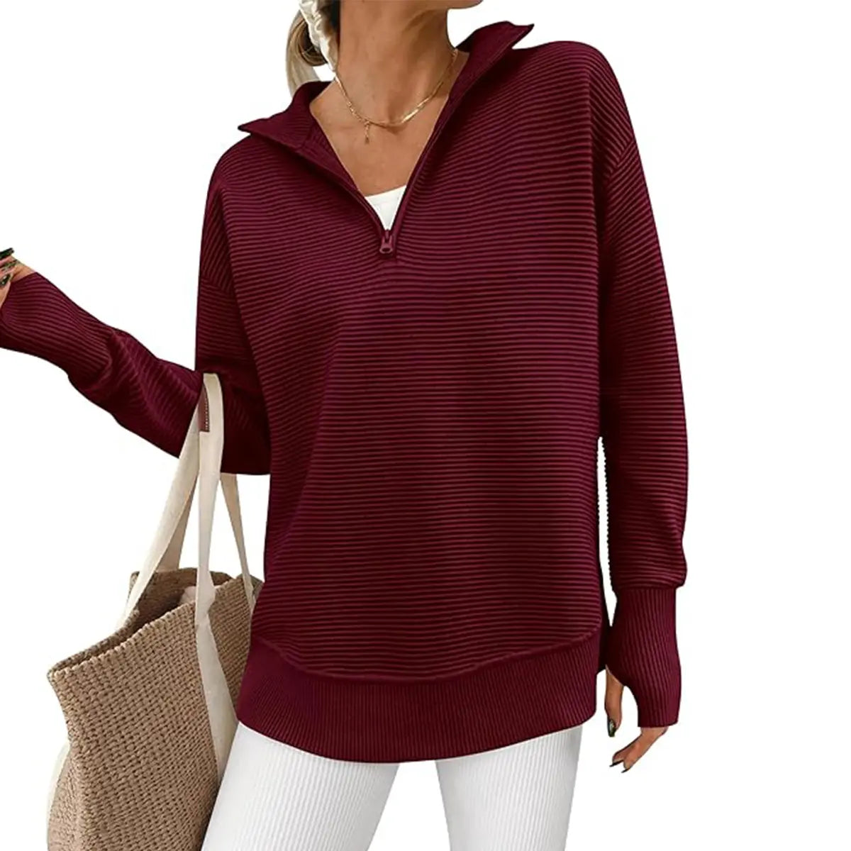 Hot Sale-Women Oversized Half Zip Collar Vertical Rib Long Sleeve Knit Top